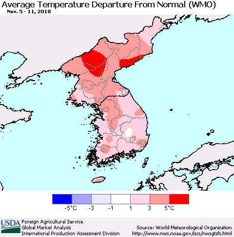 Korea Average Temperature Departure from Normal (WMO) Thematic Map For 11/5/2018 - 11/11/2018