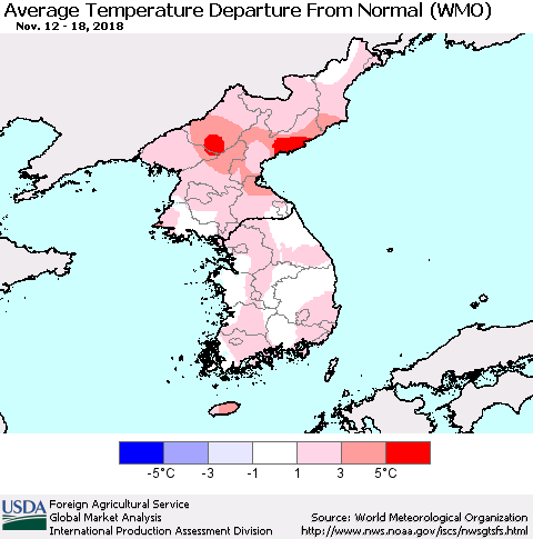 Korea Average Temperature Departure from Normal (WMO) Thematic Map For 11/12/2018 - 11/18/2018