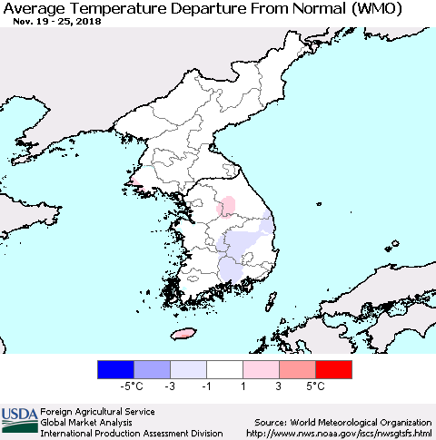 Korea Average Temperature Departure from Normal (WMO) Thematic Map For 11/19/2018 - 11/25/2018