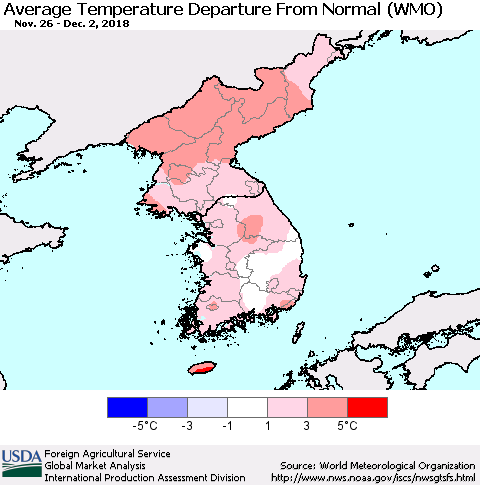 Korea Average Temperature Departure from Normal (WMO) Thematic Map For 11/26/2018 - 12/2/2018