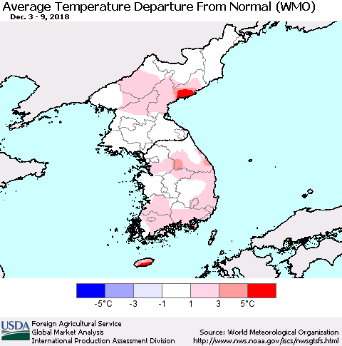Korea Average Temperature Departure from Normal (WMO) Thematic Map For 12/3/2018 - 12/9/2018