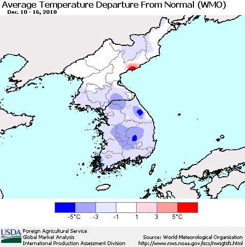 Korea Average Temperature Departure from Normal (WMO) Thematic Map For 12/10/2018 - 12/16/2018