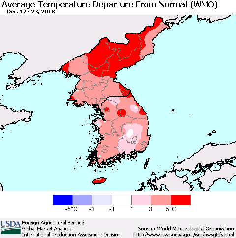 Korea Average Temperature Departure from Normal (WMO) Thematic Map For 12/17/2018 - 12/23/2018