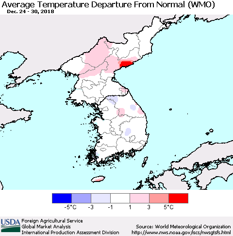Korea Average Temperature Departure from Normal (WMO) Thematic Map For 12/24/2018 - 12/30/2018