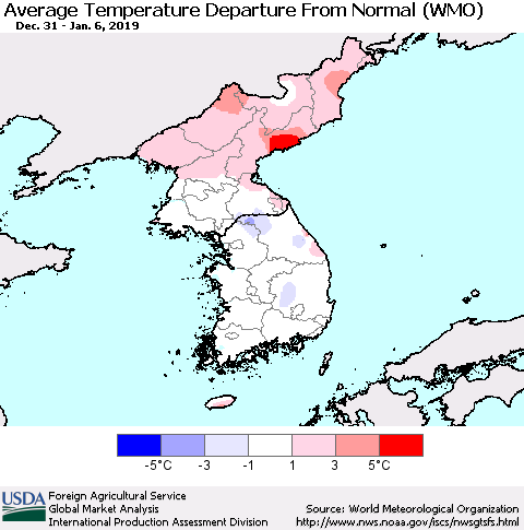 Korea Average Temperature Departure from Normal (WMO) Thematic Map For 12/31/2018 - 1/6/2019