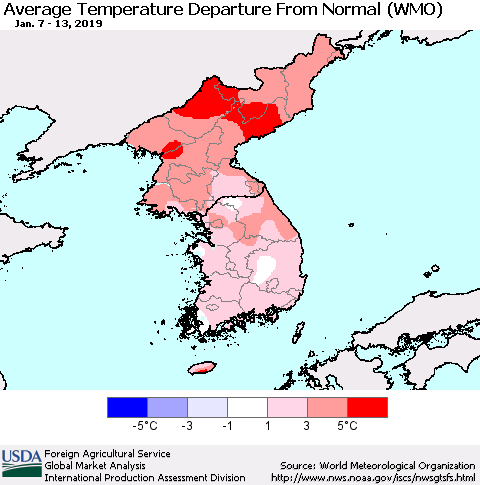 Korea Average Temperature Departure from Normal (WMO) Thematic Map For 1/7/2019 - 1/13/2019