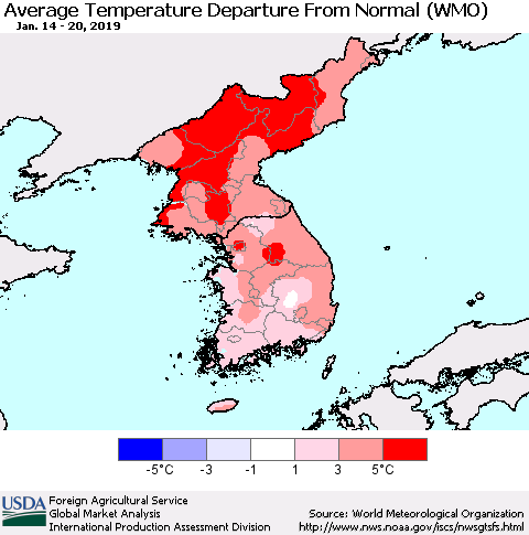 Korea Average Temperature Departure from Normal (WMO) Thematic Map For 1/14/2019 - 1/20/2019