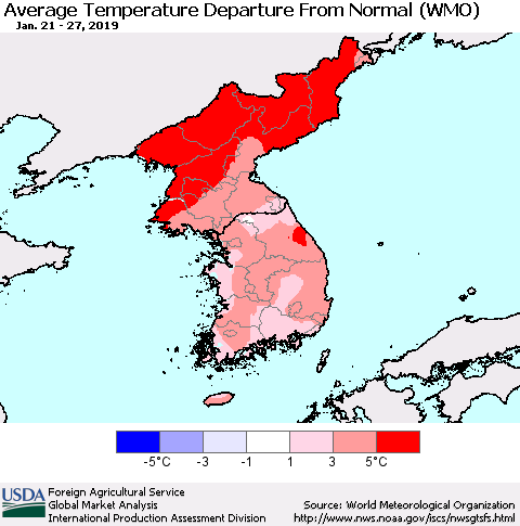 Korea Average Temperature Departure from Normal (WMO) Thematic Map For 1/21/2019 - 1/27/2019