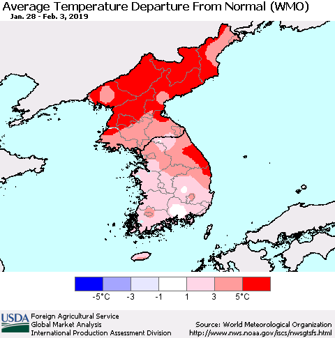 Korea Average Temperature Departure from Normal (WMO) Thematic Map For 1/28/2019 - 2/3/2019