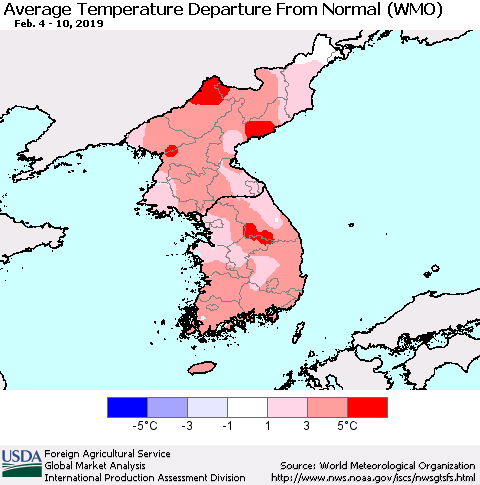 Korea Average Temperature Departure from Normal (WMO) Thematic Map For 2/4/2019 - 2/10/2019