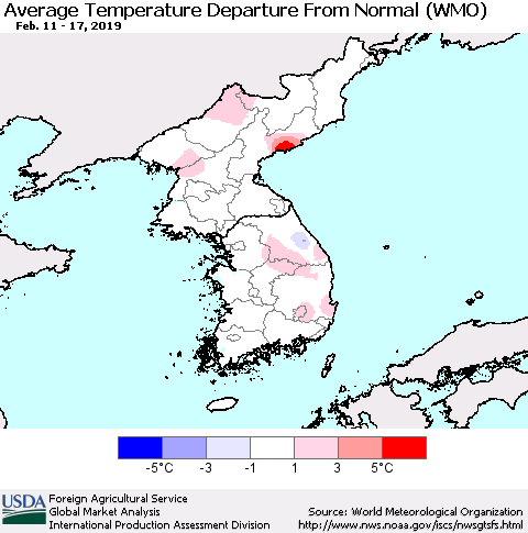 Korea Average Temperature Departure from Normal (WMO) Thematic Map For 2/11/2019 - 2/17/2019