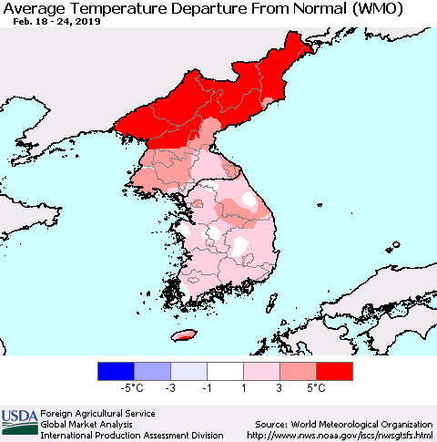 Korea Average Temperature Departure from Normal (WMO) Thematic Map For 2/18/2019 - 2/24/2019