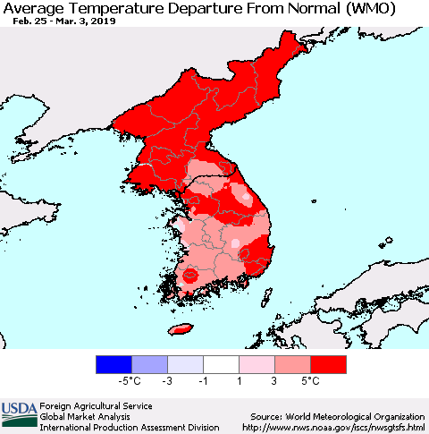 Korea Average Temperature Departure from Normal (WMO) Thematic Map For 2/25/2019 - 3/3/2019