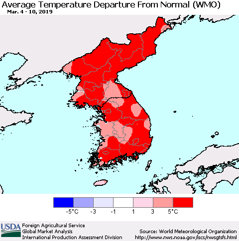 Korea Average Temperature Departure from Normal (WMO) Thematic Map For 3/4/2019 - 3/10/2019