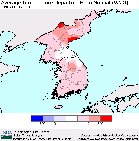 Korea Average Temperature Departure from Normal (WMO) Thematic Map For 3/11/2019 - 3/17/2019