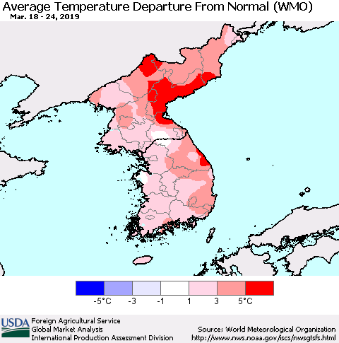 Korea Average Temperature Departure from Normal (WMO) Thematic Map For 3/18/2019 - 3/24/2019