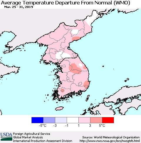Korea Average Temperature Departure from Normal (WMO) Thematic Map For 3/25/2019 - 3/31/2019