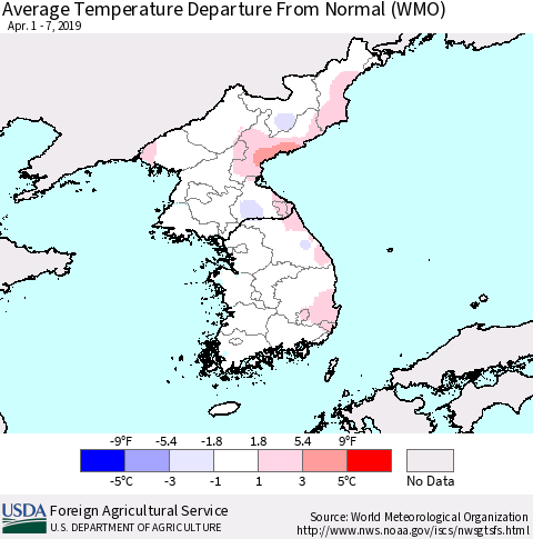 Korea Average Temperature Departure from Normal (WMO) Thematic Map For 4/1/2019 - 4/7/2019