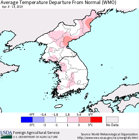 Korea Average Temperature Departure from Normal (WMO) Thematic Map For 4/8/2019 - 4/14/2019