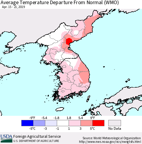 Korea Average Temperature Departure from Normal (WMO) Thematic Map For 4/15/2019 - 4/21/2019