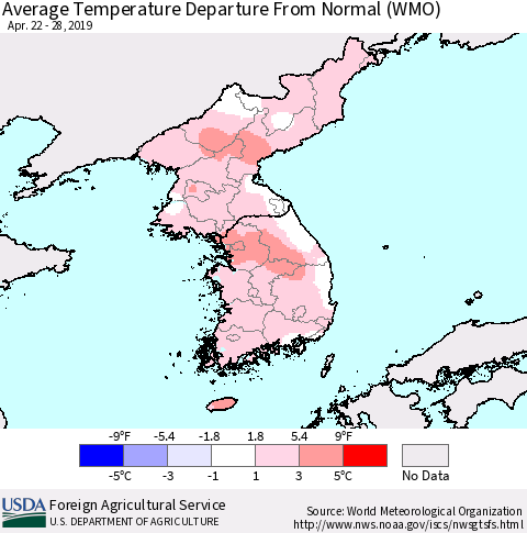 Korea Average Temperature Departure from Normal (WMO) Thematic Map For 4/22/2019 - 4/28/2019