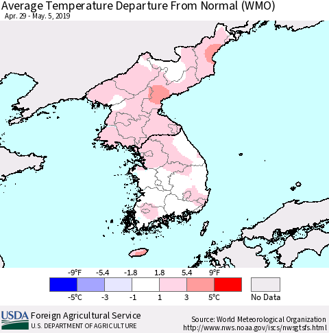 Korea Average Temperature Departure from Normal (WMO) Thematic Map For 4/29/2019 - 5/5/2019