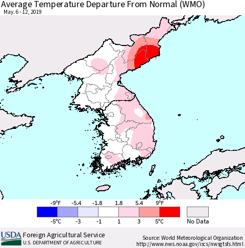 Korea Average Temperature Departure from Normal (WMO) Thematic Map For 5/6/2019 - 5/12/2019