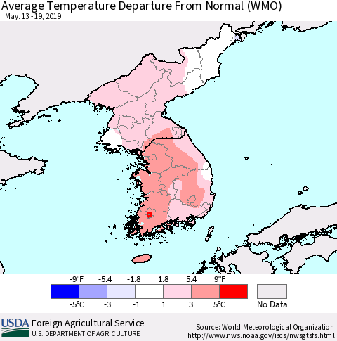 Korea Average Temperature Departure from Normal (WMO) Thematic Map For 5/13/2019 - 5/19/2019