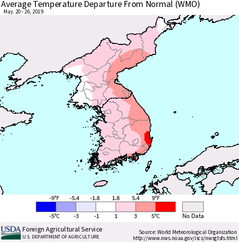 Korea Average Temperature Departure from Normal (WMO) Thematic Map For 5/20/2019 - 5/26/2019