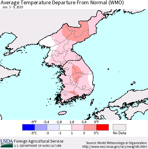 Korea Average Temperature Departure from Normal (WMO) Thematic Map For 6/3/2019 - 6/9/2019