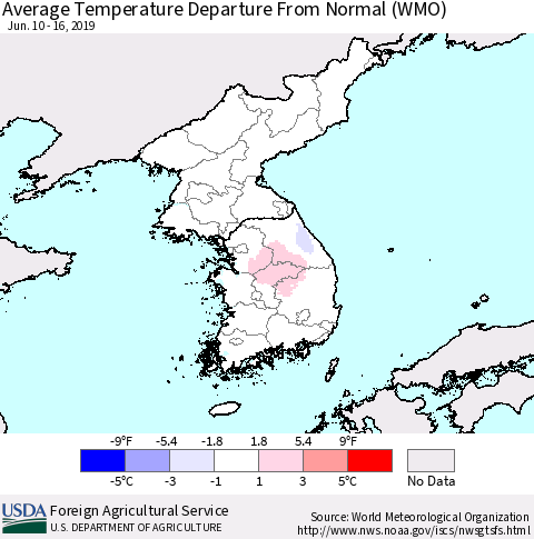 Korea Average Temperature Departure from Normal (WMO) Thematic Map For 6/10/2019 - 6/16/2019