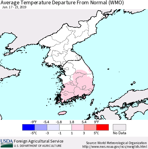 Korea Average Temperature Departure from Normal (WMO) Thematic Map For 6/17/2019 - 6/23/2019