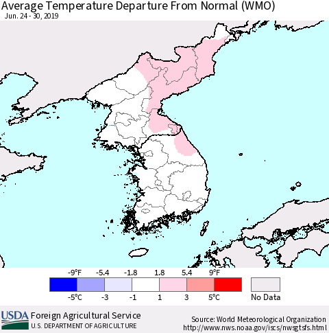 Korea Average Temperature Departure from Normal (WMO) Thematic Map For 6/24/2019 - 6/30/2019