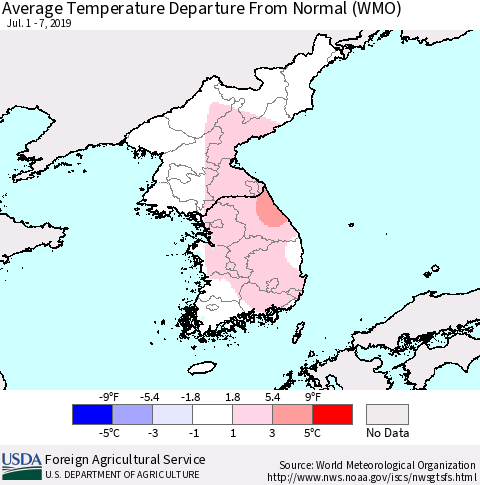 Korea Average Temperature Departure from Normal (WMO) Thematic Map For 7/1/2019 - 7/7/2019