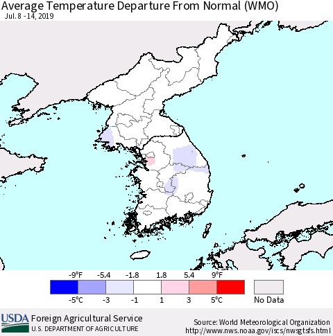 Korea Average Temperature Departure from Normal (WMO) Thematic Map For 7/8/2019 - 7/14/2019