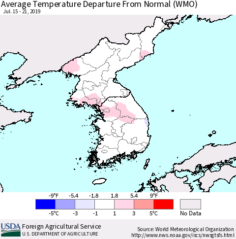 Korea Average Temperature Departure from Normal (WMO) Thematic Map For 7/15/2019 - 7/21/2019