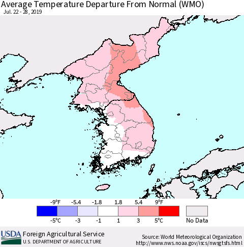 Korea Average Temperature Departure from Normal (WMO) Thematic Map For 7/22/2019 - 7/28/2019