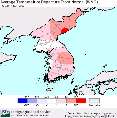 Korea Average Temperature Departure from Normal (WMO) Thematic Map For 7/29/2019 - 8/4/2019
