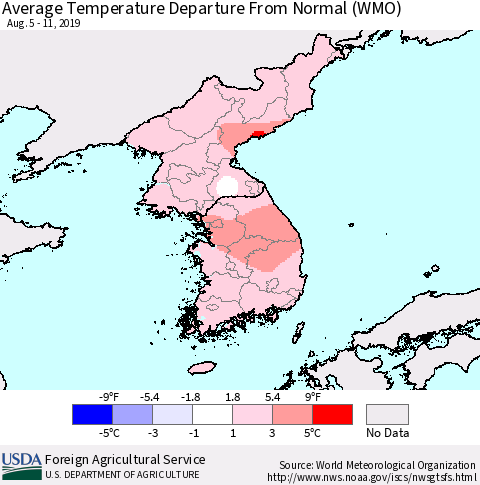 Korea Average Temperature Departure from Normal (WMO) Thematic Map For 8/5/2019 - 8/11/2019