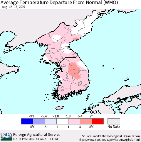 Korea Average Temperature Departure from Normal (WMO) Thematic Map For 8/12/2019 - 8/18/2019