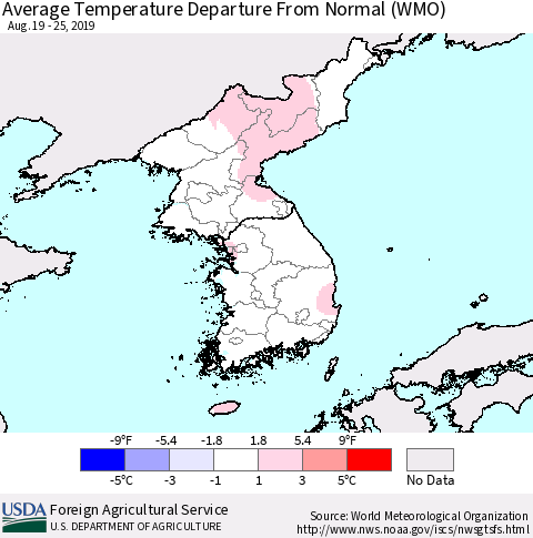 Korea Average Temperature Departure from Normal (WMO) Thematic Map For 8/19/2019 - 8/25/2019