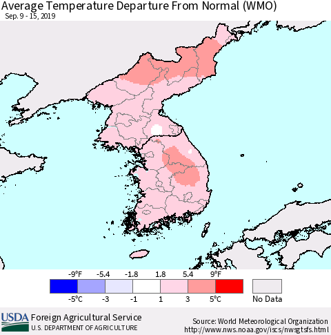 Korea Average Temperature Departure from Normal (WMO) Thematic Map For 9/9/2019 - 9/15/2019
