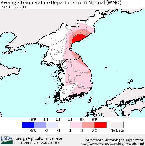 Korea Average Temperature Departure from Normal (WMO) Thematic Map For 9/16/2019 - 9/22/2019