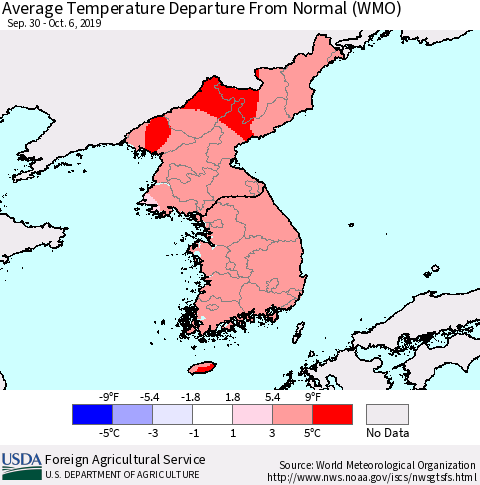 Korea Average Temperature Departure from Normal (WMO) Thematic Map For 9/30/2019 - 10/6/2019