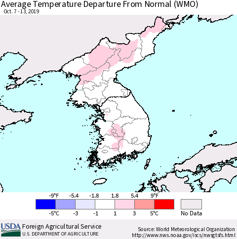 Korea Average Temperature Departure from Normal (WMO) Thematic Map For 10/7/2019 - 10/13/2019