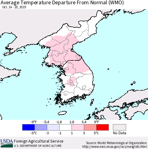 Korea Average Temperature Departure from Normal (WMO) Thematic Map For 10/14/2019 - 10/20/2019