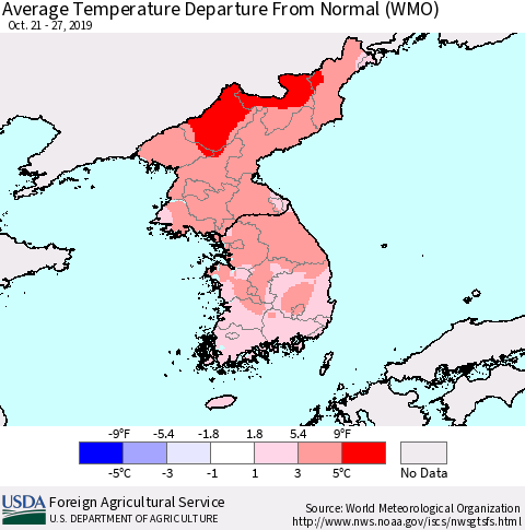 Korea Average Temperature Departure from Normal (WMO) Thematic Map For 10/21/2019 - 10/27/2019