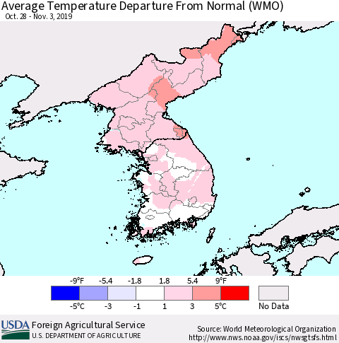 Korea Average Temperature Departure from Normal (WMO) Thematic Map For 10/28/2019 - 11/3/2019