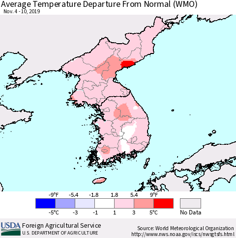 Korea Average Temperature Departure from Normal (WMO) Thematic Map For 11/4/2019 - 11/10/2019