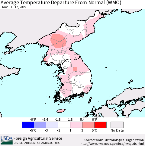 Korea Average Temperature Departure from Normal (WMO) Thematic Map For 11/11/2019 - 11/17/2019